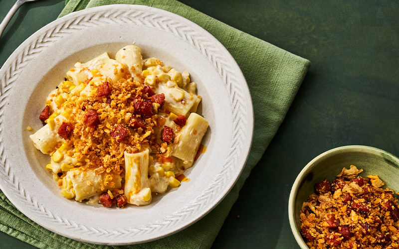 Creamed Sweetcorn Rigatoni with Crispy Chorizo Crumbs